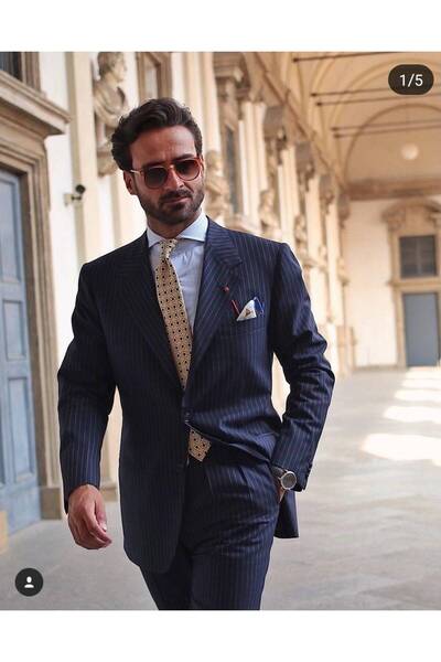 ilayda emir Luxury, Slim Fit, Blazer, Swallow Collar, Striped Men's Suit, Nav...