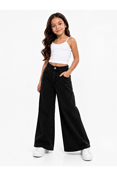BABİDO Kız Çocuk Bol Paça Jean Pantolon Wide Leg %100 Pamuklu Rahat Kesim Gün...