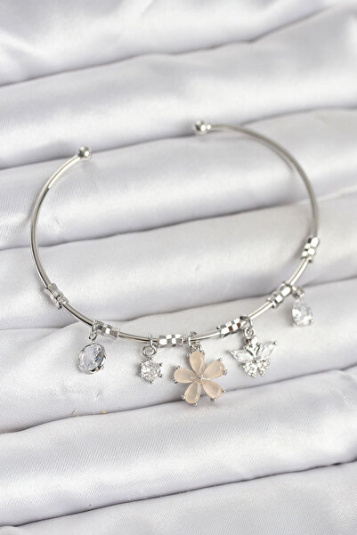 Hobibahçem Silver Color Brass Women's Bracelet with Flower and Butterfly Charms