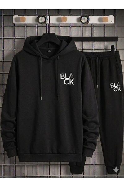 YK WEAR Μαύρο και γκρι φούτερ με κουκούλα και μαύρο στάμπα, σετ unisex