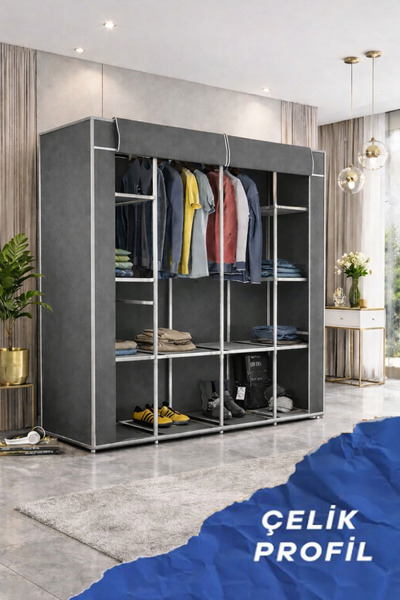 Reyo Teknor Metal Çift Askılı Bez Dolap Gri 150x160x40 cm – Geniş Hacimli Por...