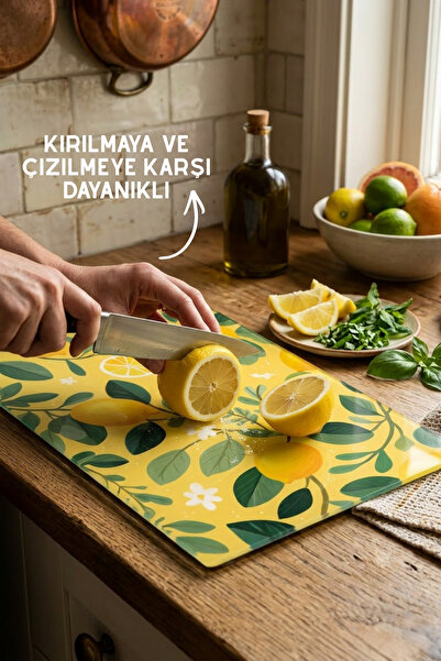 Nandy Home Limon Desenli Cam Kesim Tahtası - 25x35cm -Dayanıklı ve Pratik Kesim Matı