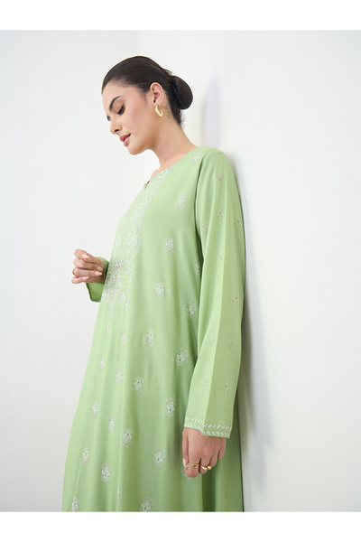 Amirah By Styli Green Paisley Print Long Sleeves Jalabiya