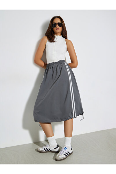 Styli Grey Side Striped Midi Skirt with Toggle String