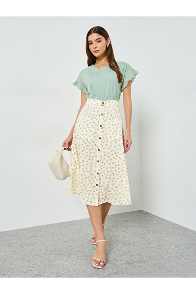Take Two By Styli Beige Ditsy Print Buttoned Front Midi Skirt