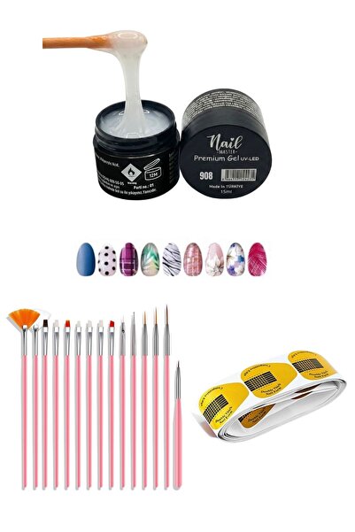 Nail Master Protez Tırnak Jeli 15ml + 15li Fırça Seti + 50li Şablon