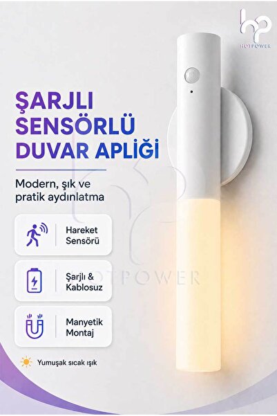 HOT POWER Şarjlı Sensörlü Duvar Apliği Manyetik Kablosuz LED Gece Lambası Type-C