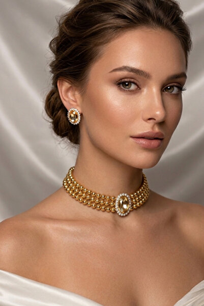 Happyline Gold Boncuklu Bal Taşlı Choker Kolye Küpe Takım Gümüş Kaplama Tasma...