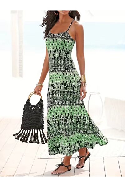 JANES Women's Rope Strap V-Neck Long Patterned Single Jersey Dress