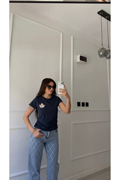 Daves Navy Blue T-Shirt with Stone Leaf Embroidery on the Chest