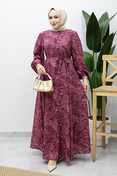 Tesettür Dünyası Lined Shawl Patterned Chiffon Dress Tsd260236 Plum