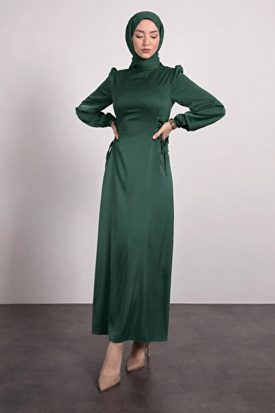 Tesettür Diyarı Women's Side Tie Satin Hijab Evening Dress - Dark Green