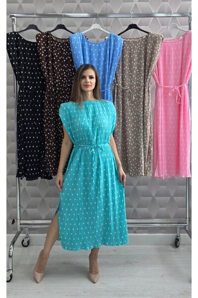 GLAMSI Rochie Vintage Dots cu Plisee Trend | Retro-Chic Edit - Bej