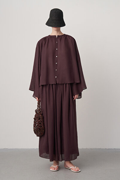Mathilda Store Kadın Bordo Keten Gömlek Etek Takım