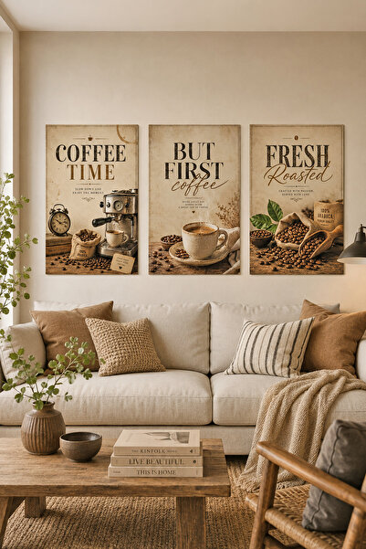 ARTI HOME Kahve Temalı 3’lü Ahşap Dekoratif Tablo Seti – Coffee Time Mutfak K...