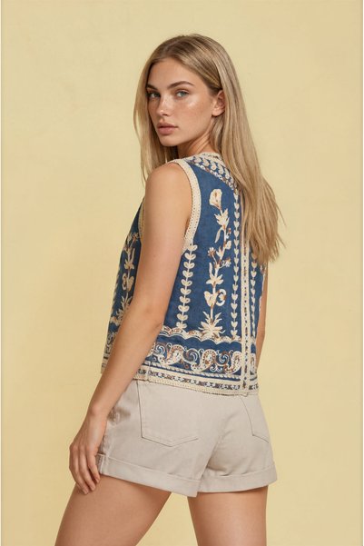 Pulchrani Navy Blue Floral Embroidered Denim Vest