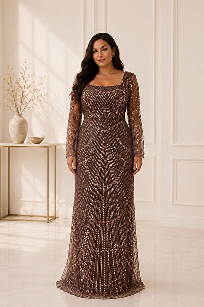 Rain and River Square Neck Beaded Plus Size Embroidered Evening Dress