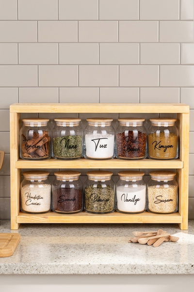 dnshome 3-Tier Wooden Spoon Set with 10-Piece Glass Spice Jar Set with Bamboo...