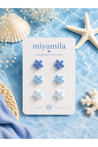 TREND Miyamila Ocean Breeze Koleksiyonu Mavi Tonlu Deniz Yıldızı Küpe 3'lü Set