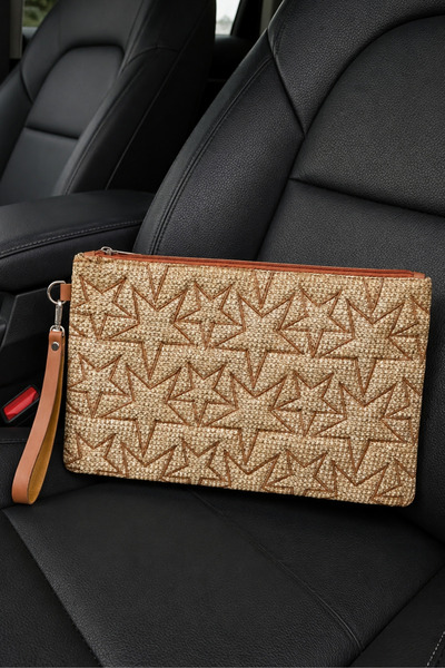 Adelina Bags حقيبة يد مطرزة بتصميم نجمة من القش مع حزام للمعصم، حقيبة كلاتش م...