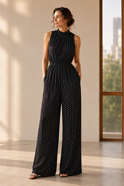 Vafora Styling Siyah Puantiyeli Halter Yaka Tulum