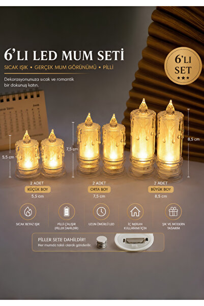 BRE HOME 6'lı Eriyen Mum Görünümlü LED Mum Seti Pilli Dekoratif Mum Gerçekçi ...