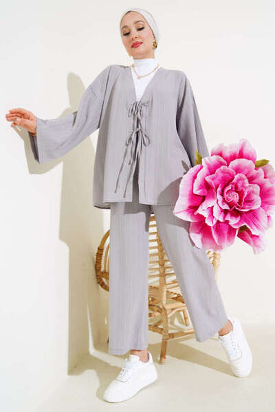 EC MODA Women's Front Tied Kimono Double Set