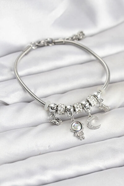 ALKASAZ Brass Silver Color Space Theme Charm Women's Bracelet