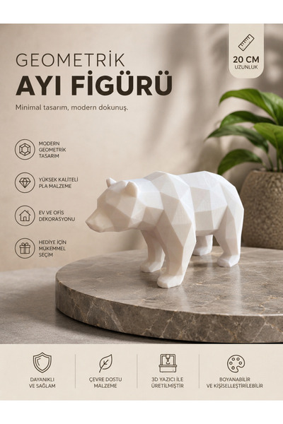 Geometrik Ayı Figürü 20 cm - Modern Dekoratif 3D Baskı Ayı Heykeli