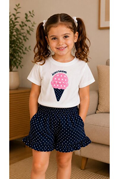 Kuzucuk Kids Bebek Çocuk Butik Kız Çocuk Dondurma Aplikeli Beyaz Tişört Laciv...