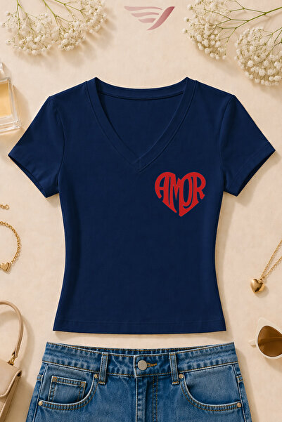 Velostra Women's Amor Heart Front and Back Printed Basic Daily Use V-Neck Sli...