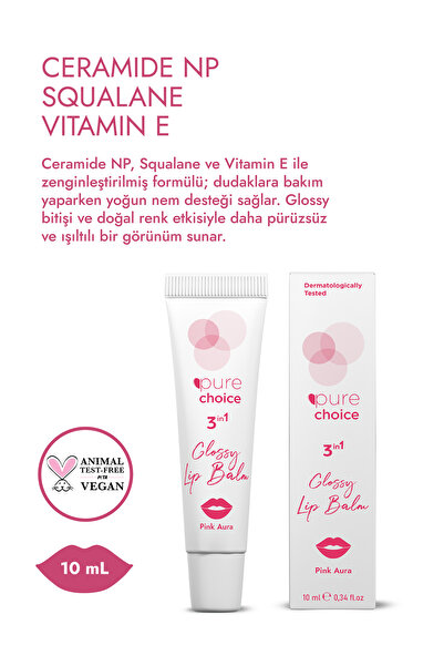 Pure Choice Pink Aura Glossy Lip Balm – Nemlendirici, Onarıcı ve Parlatıcı | Ceramide NP + Squalane + Vitamin E