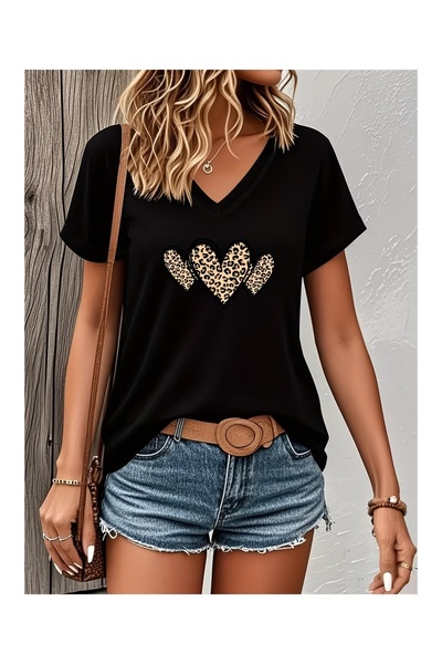 WOODROFFE Women's V-Neck Heart Printed T-Shirt Oversize Loose Fit