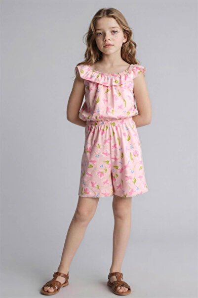 DeFacto 100% Cotton Floral Sleeveless Short Shorts Light Pink Jumpsuit Girls ...