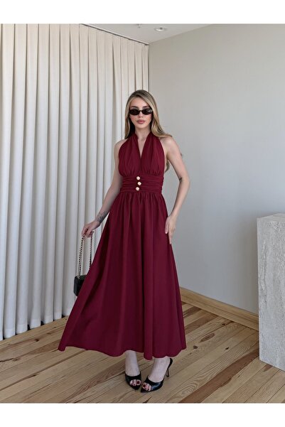 Laluvia Rochie Burgundy cu gât halter și detalii aurii - 205369