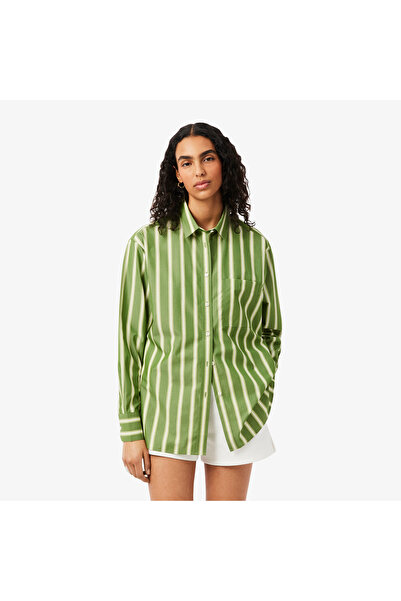 Lacoste Kadın Oversize Fit Çizgili Yeşil Gömlek