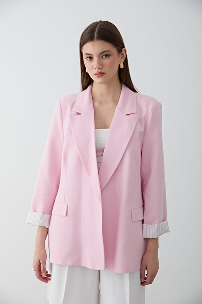 JASTE Kadın Pembe Çizgili İçi Astarlı Kol Detaylı Blazer Ceket