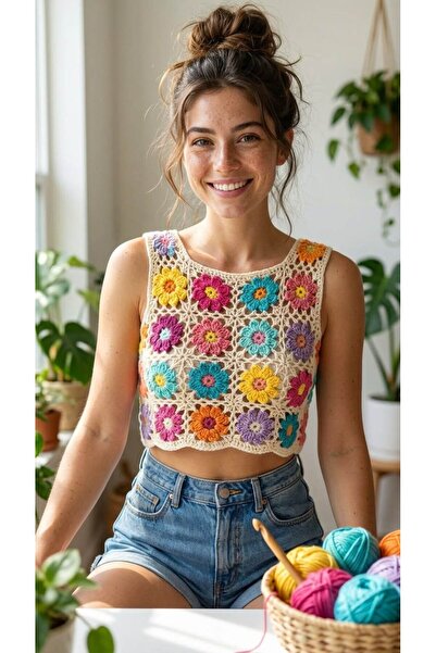 ARTTMACRAME Women's Cropped Knit Blouse