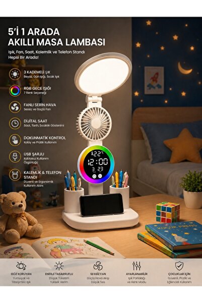 Empressco Monozone RGB Yuvarlak Başlı Masa Lambası Fanlı Saatli 3Renk Dokunma...