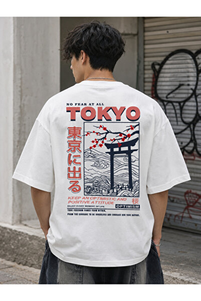 Modivibe Tokyo Japonya Temalı Oversize Unisex Baskılı Tişört Beyaz