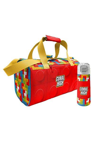 Coral High Red Building Blocks Printed Boys' Sports Bag and 500 ml Steel Flas...