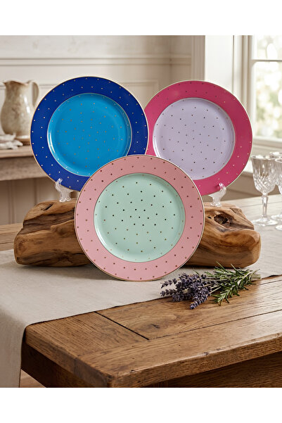 Moon Dizayn Modern Renkli Puantiyeli 6lı Porselen Pasta Tabağı
