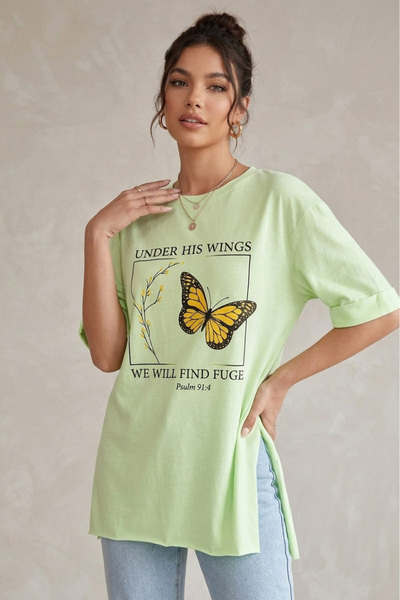 TOFİSA Slit Printed Short Sleeve Tunic - 1314-Mint