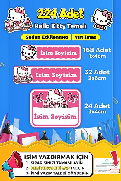 SB store Okul Kreş Kişiye Özel isim Etiket Seti Hello Kitty Temalı - Model 673