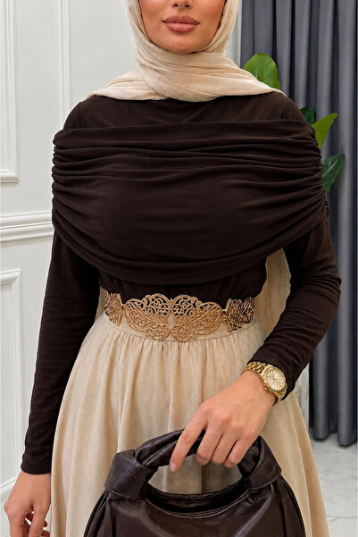 onlymoon Brown Sandy Fabric Draped Collar Hijab Blouse • Women's Stylish Eleg...