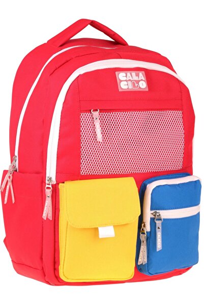CalaCilo Rucsac școlar pentru băieți, culoare roșu și galben, cu cinci compar...
