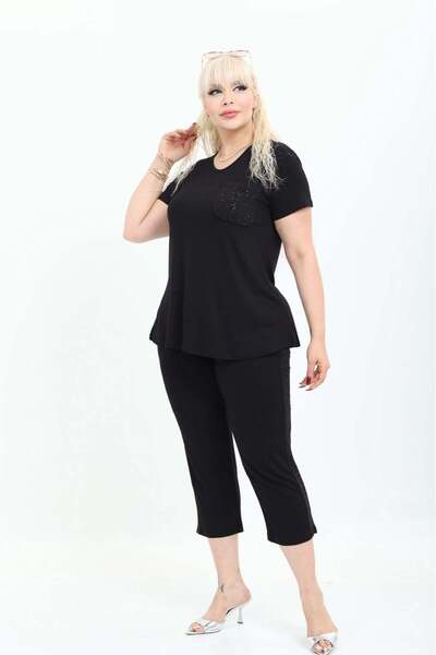 kısmet sepeti Women's Black Glitter Detailed Capri Tshirt Stylish Viscose Com...