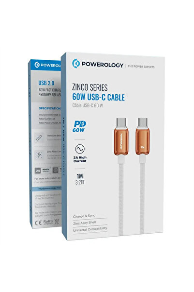 Powerology كابل USB-C من سلسلة زينكو بقوة 60 واط باللون البرتقالي