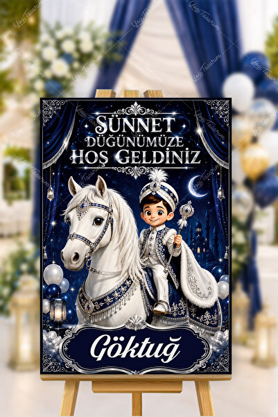 Yogi Tasarım Beyaz Atlı Sünnet Çocuğu Temalı İsme Özel Karşılama Panosu 40x60...
