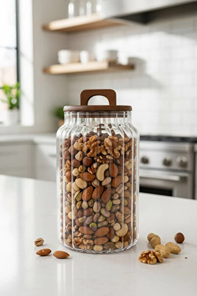 Bereketli Store Mien Lenny Acacia Lid Striped Glass Jar 4000 ml |   Storage C...